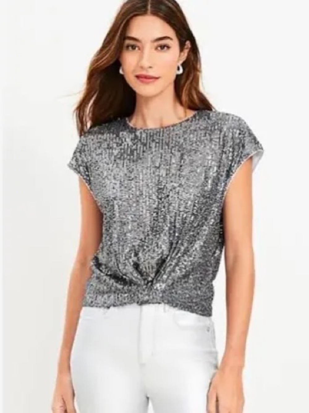 NEW Ann Taylor Loft Silver Grey Sequin Stretch Cap Sleeve Crop Blouse medium